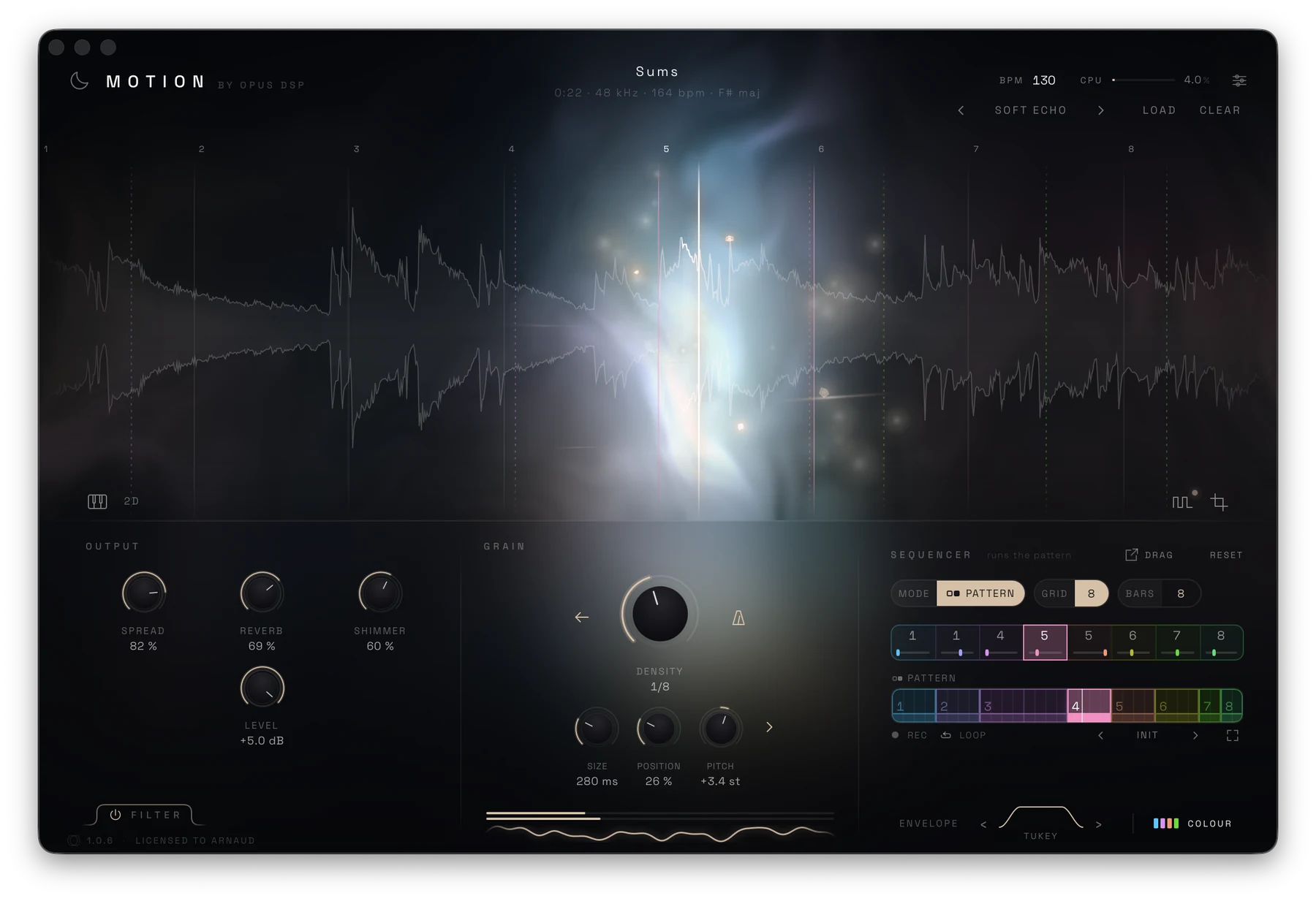 MOTION running: a sample drawn as a waveform with the grain cloud over it
