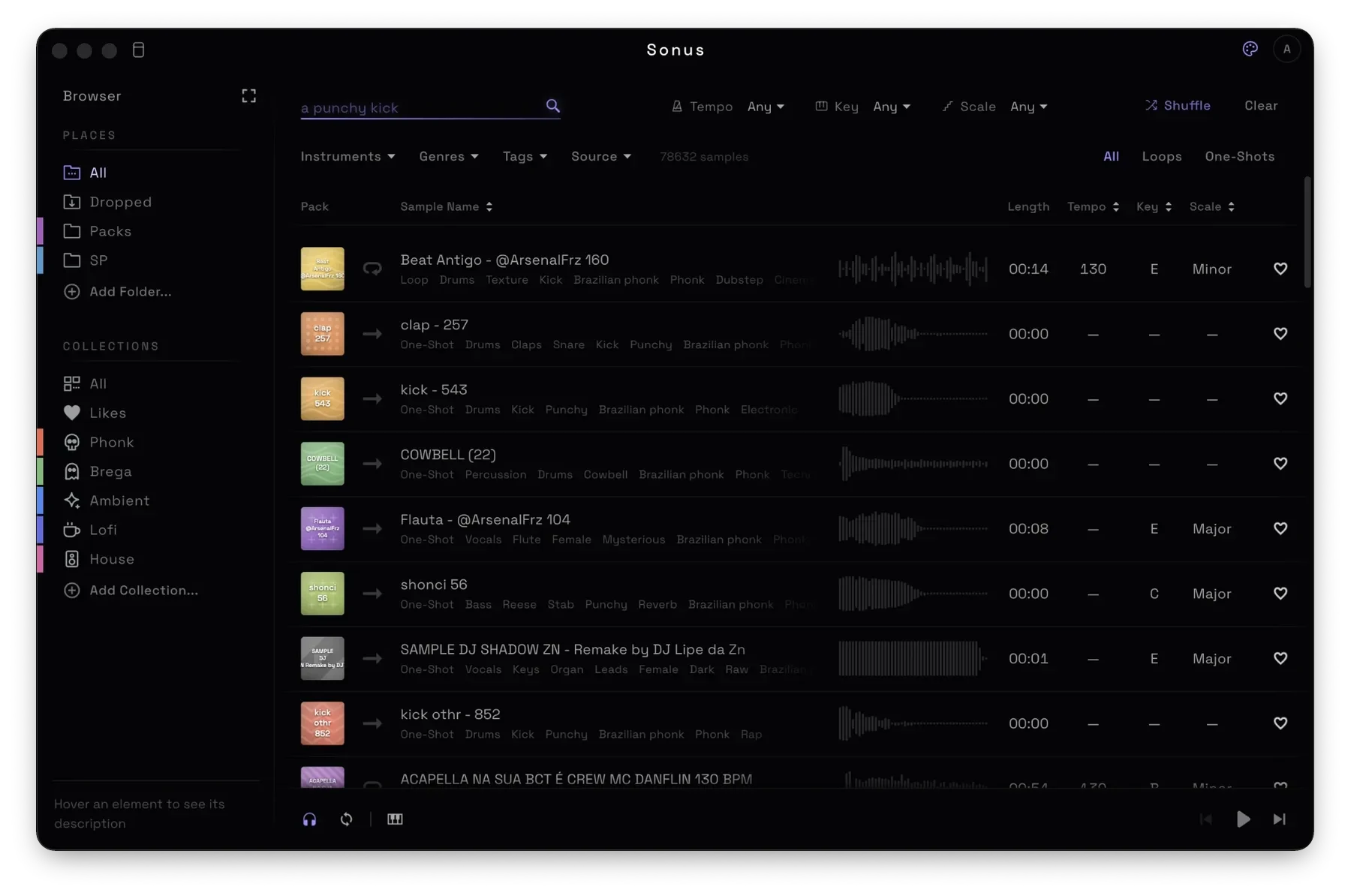 Sonus running: a library of samples with their tempo, key and shape
